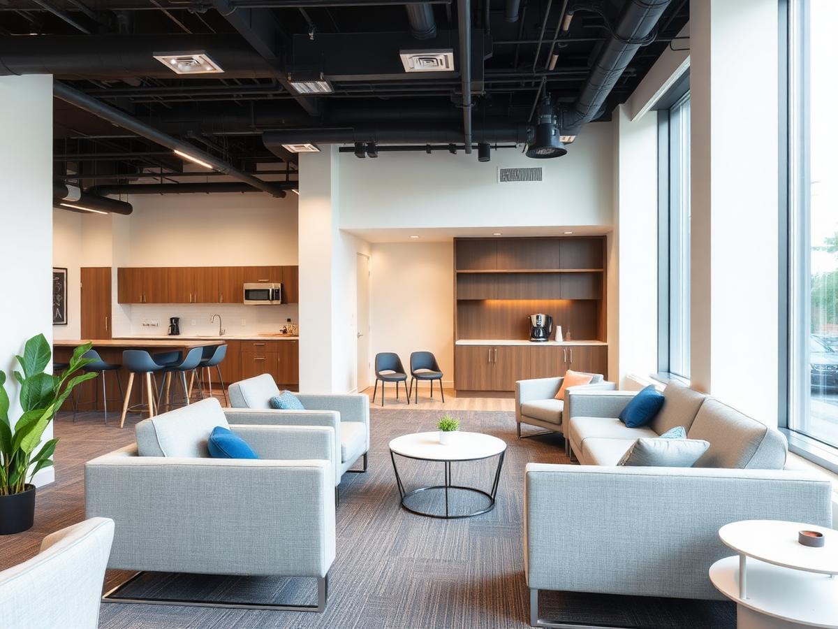 Shared breakout space with sofas and a kitchenette