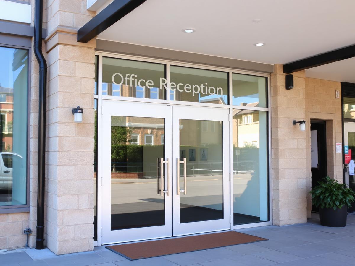 Entrance and reception doors of the Kendal Works office building