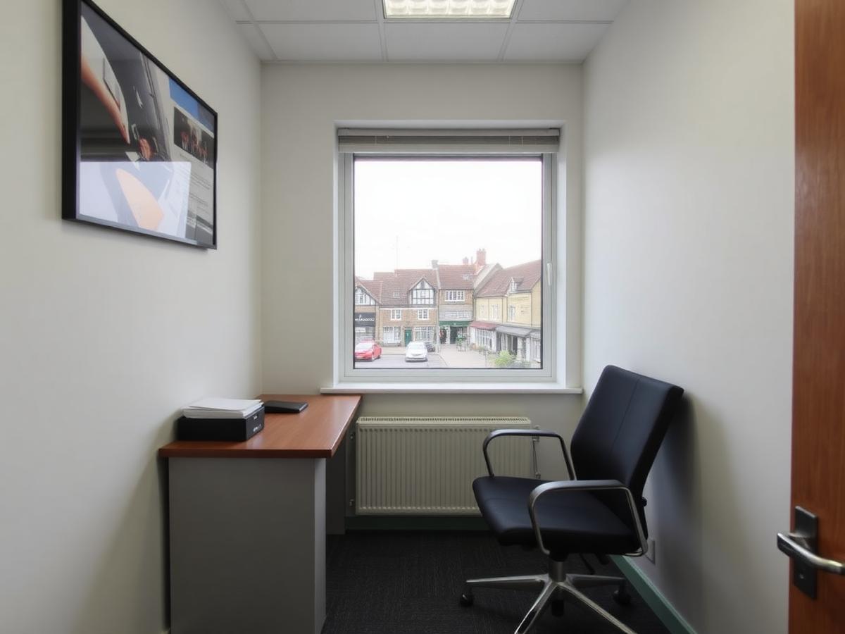 Private serviced office with desk and town view